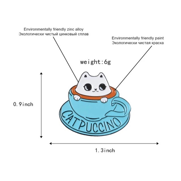Coffee Themed Cup & Saucer with Cat Kitty “Catpuccino” Metal Enamel Pin Brooch - Picture 5 of 10